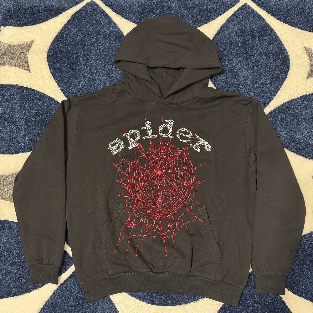 Sp5der OG Rhinestone Logo Hoodie Black Mens Size Large